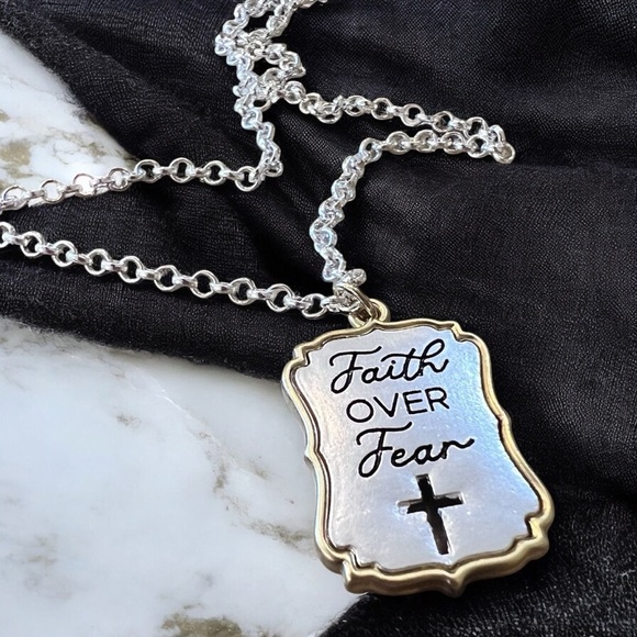 Silver and Gold Toned Pendant Necklace with Cross Detail “Faith Over Fear” - Picture 9 of 17